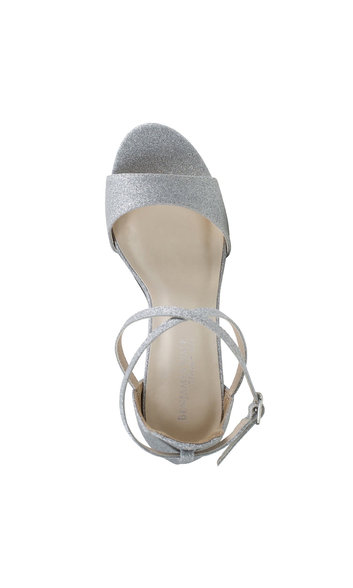 The Jordy Silver Glitter Prom Shoe by Touch Ups 4629 features a high block heel, open toe, ankle strap with buckle, and is shown from above on a white background.